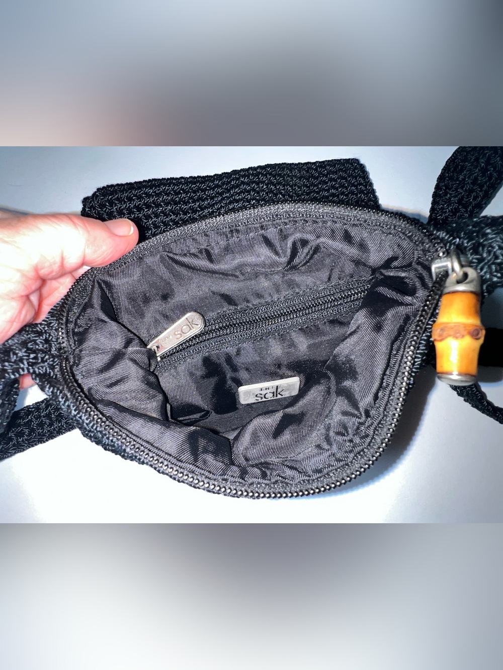 The Sak Vintage Black Hand-Crochet Crossbody Purse Bag Bamboo Zipper Pull Y2K - Picture 12 of 14